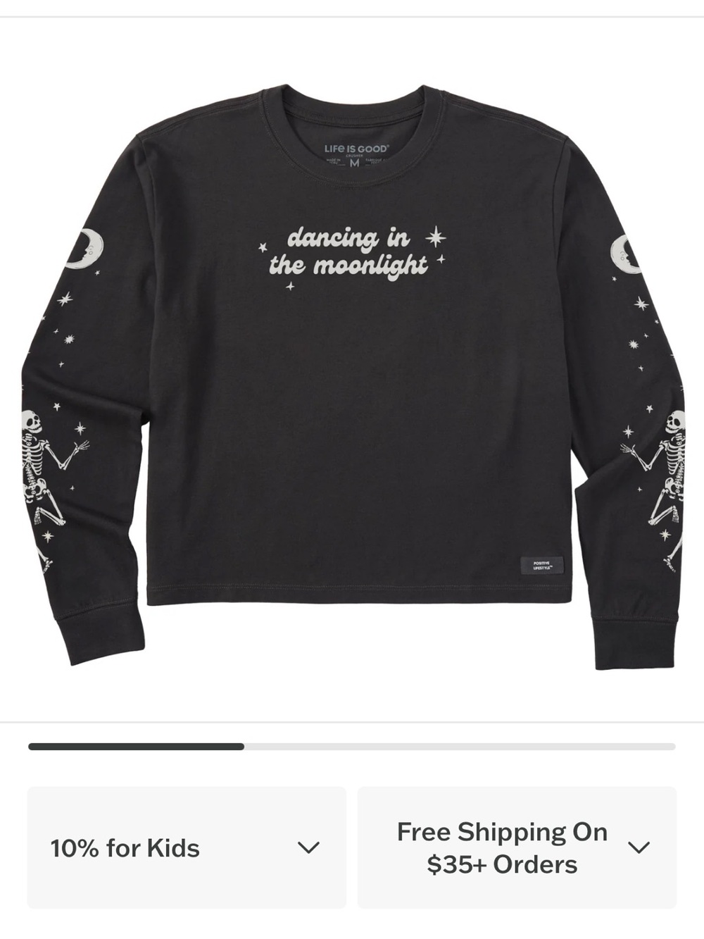 Life Is Good Black Long Sleeve Tee with White Moon & Skeleton Graphics